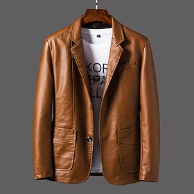 Men's Faux Leather Jacket Pea Coat Blazer Outdoor Daily Wear Warm Button Pocket Fall Winter Plain Fashion Streetwear Lapel Regular Wine Black Coffee Jacket