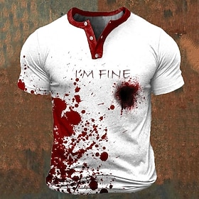 Halloween Men's T-Shirt, 'I'm Fine' Humorous Splatter Paint Graphic Short Sleeve Henley Tee for Lifestyle