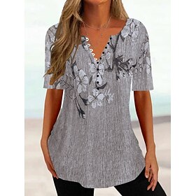 Women's T Shirt Henley Shirt Buttons Print Floral Tunic Basic Short Sleeve Round Neck Regular Tops Holiday Weekend Blue White Yellow Light Green Green