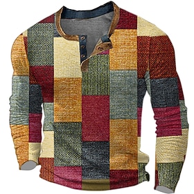 Graphic Plaid Color Block Fashion Designer Basic Men's 3D Print Waffle Henley Shirt Casual Style Classic Style Outdoor Daily T shirt Yellow Blue Green Long Sle