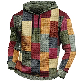 Checkered Hoodie Mens Graphic Color Block Plaid Prints Daily Classic Casual 3D Pullover Holiday Going Out Streetwear Hoodies Waffle Yellow Light Grey Pattern C