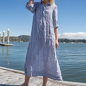 Women's Shirt Dress Casual Dress Cotton Linen Dress Midi Dress Linen / Cotton Blend Modern Casual Outdoor Daily Vacation Shirt Collar Button Print Long Sleeve