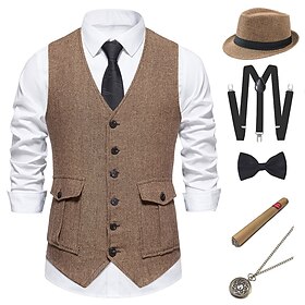Retro Vintage Roaring 20s 1920s Outfits Waistcoat Panama Hat Normal Gentleman Gangster Holiday Christmas Fashion Fancy Dress Men's Christmas Halloween Carnival