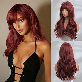 Honygebia Dark Red Wig with Bangs - Burgundy Wigs for Women, Wine Red Long Straight Layered Realistic Hair, Natural Synthetic Heat Resistant Wigs for Halloween