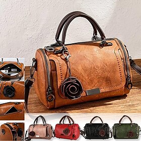 Women's Vintage-Style Faux Leather Handbag with Floral Charm  Spacious Shoulder Bag for Daily Use and Travel