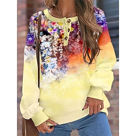 Women's Sweatshirt Pullover Floral Vintage Sports Basic Button Yellow Blue Purple Street Casual Round Neck Long Sleeve Top Micro-elastic Fall  Winter