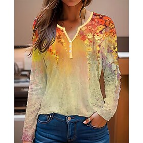 Women's T shirt Tee Floral Orange Print Button Long Sleeve Holiday Weekend Daily Basic Neon  Bright V Neck Regular Fit Fall  Winter