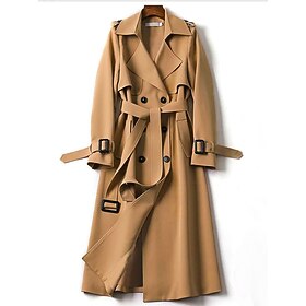 Women's Trench Coat Fall Double Breasted Lapel Long Coat with Belt Winter Warm Windproof Jacket with Pockets Maillard Black Blue Camel Beige Daily S M L XL XXL