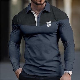 Letter Graphic Prints Men's Business Print 3D Polo Shirt Outdoor Casual Daily Streetwear Polyester Long Sleeve Lapel Polo Shirts Navy Blue