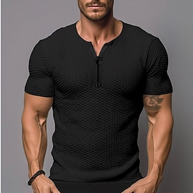 Voor heren T-shirt Stevig T-stuk met kwartrits Wafelgebreid T-shirt Effen V-hals Straat Vakantie Korte Mouw Kleding Modieus Ontwerper Basic