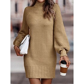 Women's Sweater Dress Turtleneck Ribbed Knit Polyester Oversized Fall Winter Daily Going out Weekend Stylish Casual Soft Long Sleeve Solid Color ArmyGreen Blac