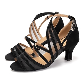 Women's Black Strappy Latin Dance Shoes with Mesh Panels and Suede Sole, Open Toe Ballroom Heels for Salsa, Tango, and Performance Practice
