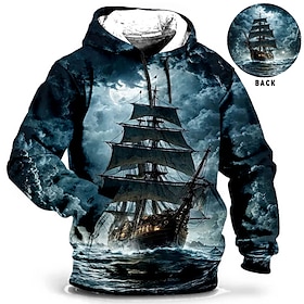 Halloween Sailboat In The Ocean Mens Graphic Hoodie Ship Prints Daily Classic Casual 3D Pullover Holiday Going Out Streetwear Hoodies Blue