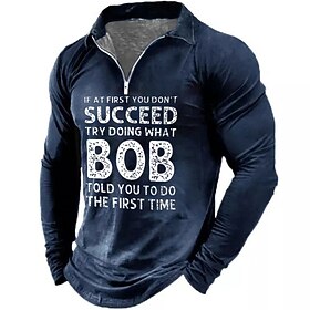 Men's Zip Polo Polo Shirt Golf Shirt Letter Graphic Prints Stand Collar Lake blue Black Wine Blue Brown Outdoor Street Long Sleeve Zipper Print Clothing Appare