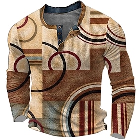 Graphic Color Block Geometic Fashion Designer Basic Men's 3D Print Waffle Henley Shirt Casual Style Classic Style Outdoor Daily T shirt Red Blue Brown Long Sle