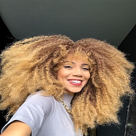 18Inch Long Curly Wig With Bangs for Black Women Afro Bomb Kinky Curly Wig Fluffy and Soft Synthetic Hair