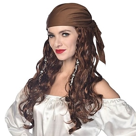 Medieval Pirate Maiden Long Curly Brown Wig with Headscarf Cosplay Halloween Wig