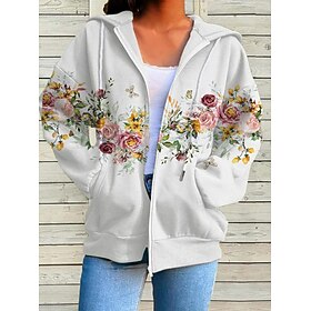 Women's Oversized Zip Up Hoodie Sweatshirt Floral Vintage Sports Streetwear Drawstring Zip Up Front Pocket Black Yellow Red Casual Holiday Hoodie Long Sleeve T