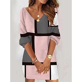 Women's Sweatshirt Dress Print Dress Geometric Plaid Print V Neck Mini Dress Fashion Streetwear Outdoor Daily 3/4 Length Sleeve Loose Fit Pink Orange Gray Fall