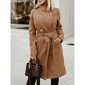 Women's Overcoat Winter Long Pea Coat with Belt Navy Blue Slim Fit Lapel Trench Coat Fall Windproof Warm Modern Casual Trendy Jacket Long Sleeve Drawstring Whi