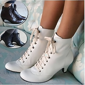 Botines victorianos blancos con cordones y tacón medio para mujer, calzado de inspiración vintage para un estilo formal y retro