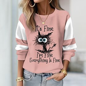 Women's Sweatshirt Pullover Cat Letter Basic Pink Blue Purple Street Casual Round Neck Long Sleeve Top Micro-elastic Fall  Winter