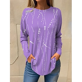 Women's T shirt Tee Striped Pink Blue Purple Print Long Sleeve Daily Weekend Daily Basic Neon  Bright Round Neck Regular Fit Fall  Winter