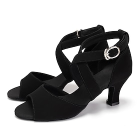Black Suede Latin Dance Shoes for Women  Open Toe, Cross Strap, Soft Suede Sole, Comfortable Heels for Ballroom, Salsa, and Performance