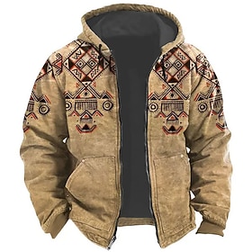 Geometric Pattern Hoodie Mens Graphic Tribal Prints Sports Classic Casual 3D Zip Jacket Outerwear Holiday Vacation Streetwear Hoodies Brown Green Dark Grey Den