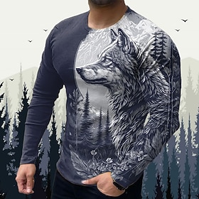 Herren Tiermotiv Wolf Grafikdrucke T Shirt Grafischen T-Shirt Langarm T-Shirt 3D-Druck Rundhalsausschnitt Hemd Designer Basic Lässig Täglich Outdoor Urlaub Bla