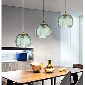 Vintage Single Green Glass Pendant Light, Nordic Large Globe Ribbed Hanging Lamp, Pumpkin Design Ceiling Light Fixture for Kitchen Island Dining Room