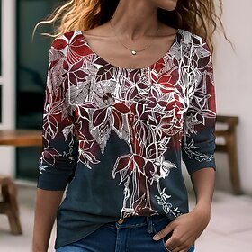 Women's T shirt Tee Floral Yellow Red Blue Print Long Sleeve Holiday Weekend Fashion Round Neck Regular Fit Spring Fall