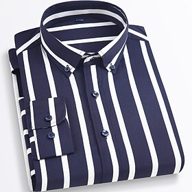 Men's Dress Shirt Button Down Shirt Non Iron Shirt Striped Shirt Stretch Stripe Wedding Office Career Black White Yellow Dark Navy Long Sleeve Shirt Collar Al