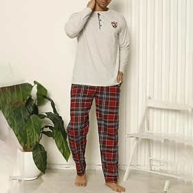 Hombre Ropa de salón Pijama Conjunto pijama Top y pantalón de pijama 2 Piezas Plaid Elegante Casual Confort Hogar Diario Mezcla de Algodón Comodidad Henley Man