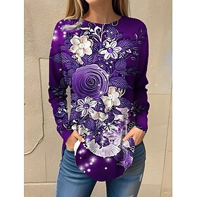 Women's T shirt Tee Floral Red Blue Purple Print Long Sleeve Holiday Weekend Fashion Round Neck Regular Fit Spring   Fall