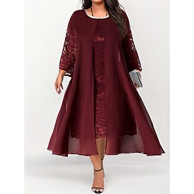 Women's Plus Size Curve Party Dress Casual Dress Lace Dress Plain Midi Dress Long Sleeve Contrast Lace Lace Crew Neck Elegant Party Wine Fall Winter L XL XXL 3