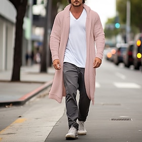 Men's Sweater Cardigan Sweater Fall Sweater Ribbed Knit Long Button Knitted Plain Lapel Fashion Warm Ups Casual Daily Wear Clothing Apparel Fall  Winter Wine R
