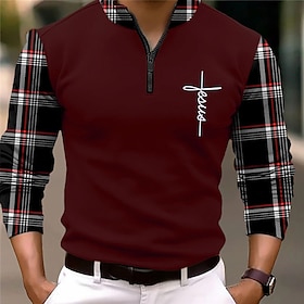 Plaid Faith Men's Vintage Print 3D Zip Polo Golf Polo Outdoor Casual Daily Streetwear Polyester Long Sleeve Zip Polo Shirts Black White Fal