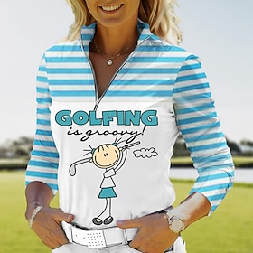 Women's Polo Shirt Funny Golf Shirt Breathable Quick Dry Moisture Wicking Long Sleeve Golf Apparel Golf Clothes Regular Fit Zipper Stand Collar Stripe Printed