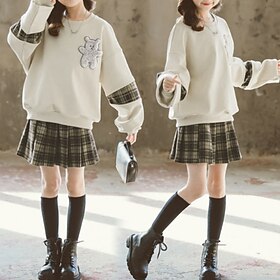 2 Pieces Kids Girls' Set Long Sleeve Plaid Spring Fall White Pink Khaki Crewneck Skirt Hoodie Set Fashion Outdoor 7-13 Years