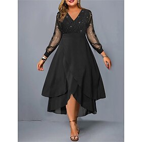 kvinders plus size kurve sort kjole festkjole almindelig strik kjole almindelig lang kjole maxi kjole langærmet flæse mesh v-hals elegant fest sort valentinsda