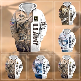 Memorial Day Air Force Hoodie Mens Graphic Prints Soldier Classic Casual Tactical 3D Zip Jacket Fleece Holiday Vacation Going Out Hoodies D