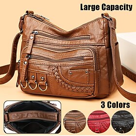 Women's Vintage Faux Leather Crossbody Bag with Multiple Zipper Pockets  Casual Shoulder Handbag for Everyday Use