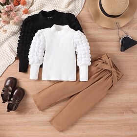 2 Pieces Kids Girls' Solid Color Pants Suit Set Long Sleeve Active School 3-7 Years Spring Black White