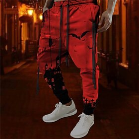 Halloween Men's Bat Gothic 3D Print Sweatpants Pants Trousers Polyester Red Orange Green S M L Mid Waist Elasticity Pants