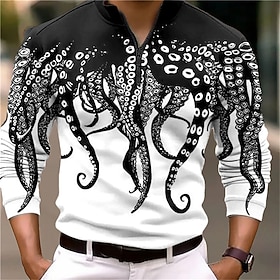 Octopus Men's Abstract Print 3D Outdoor Casual Daily Streetwear Polyester Long Sleeve Zip Polo Shirts White Blue Fall  Winter S M L Micro-e