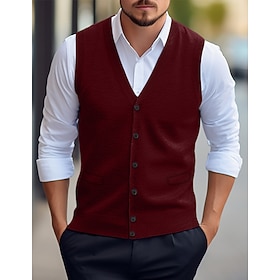 Men's Christmas Sweaters Sweater Vest Dress Sweater Cardigan Sweater Ribbed Knit Regular Tops Pocket Knitted Plain V Neck Warm Ups Modern Contemporary Daily We