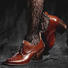 Women's Edwardian Lace-Up Faux Leather Oxford Heels with Mid Block Heel, Vintage 1900s Style Dress Shoes for Ladies, Daily Wear or Historical Costume