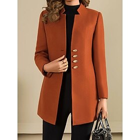 Women's Wool Blend Blazer Winter Coat Single Breasted Stand Collar Pea Coat Fall Slim Fit Thermal Warm Overcoat Formal Stylish Modern Jacket Long Sleeve Black