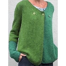 Women's Cardigan Sweater Crew Neck Ribbed Knit Polyester Patchwork Button Fall Winter Regular Daily Going out Weekend Stylish Casual Soft Long Sleeve Color Blo